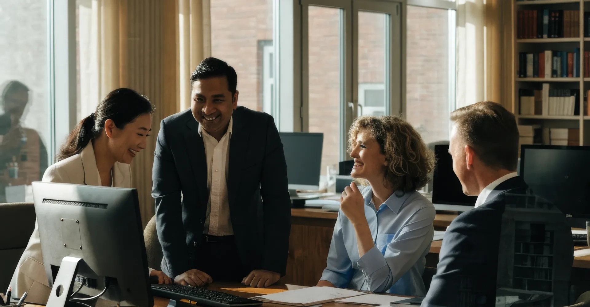Four colleagues laughing together around a desk in a sunlit office