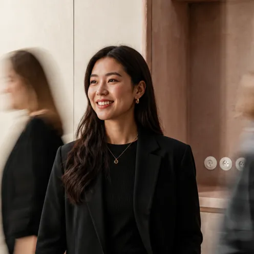 Consultant smiling in a dark office