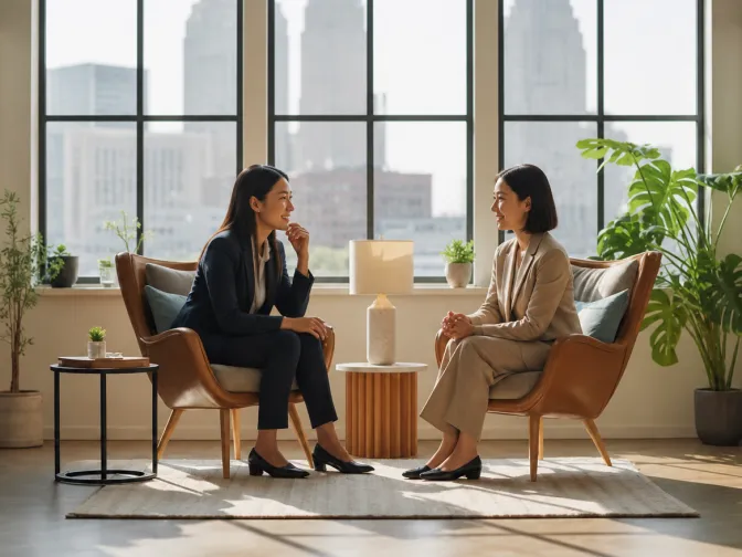 Two colleagues in conversation in a bright office lounge