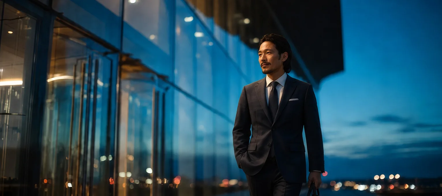 Executive walking past a glass office facade at dusk