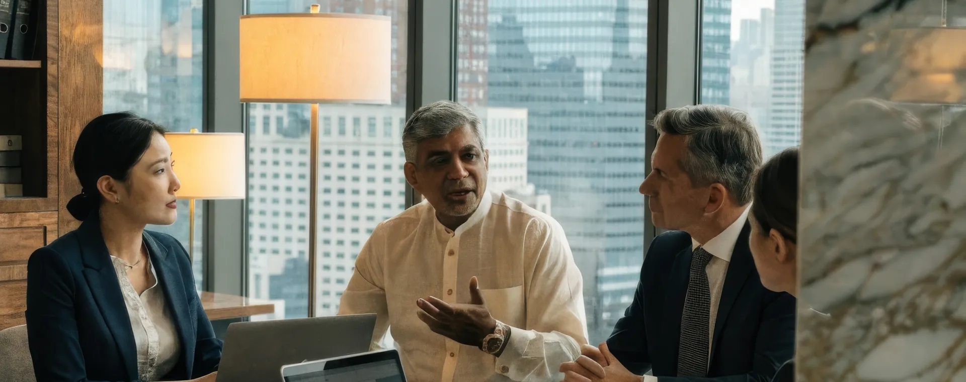 Four colleagues in discussion around a boardroom table, city towers through the windows