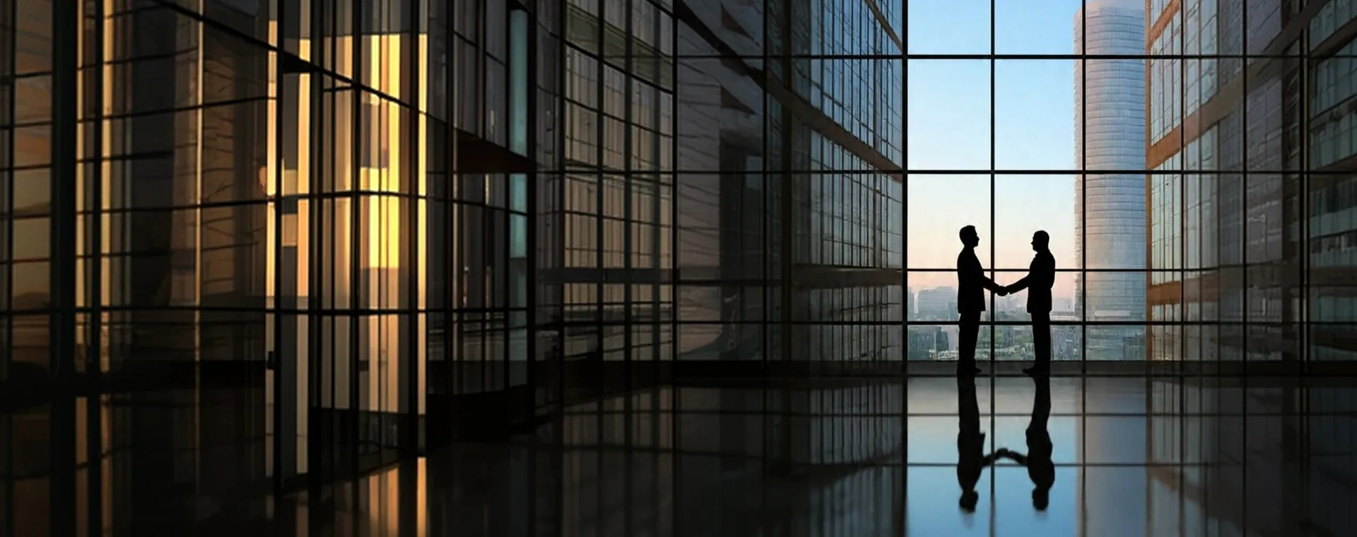 Two executives shaking hands in a glass-walled office at dusk