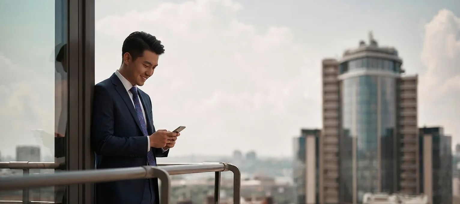 Executive on a high balcony checking a phone, the city behind him